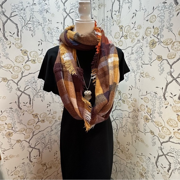 Funky Monkey‎ Infinity Scarf Unisex Plaid Tartan Fringe Brown/Orange 18" x 70" - Picture 1 of 5